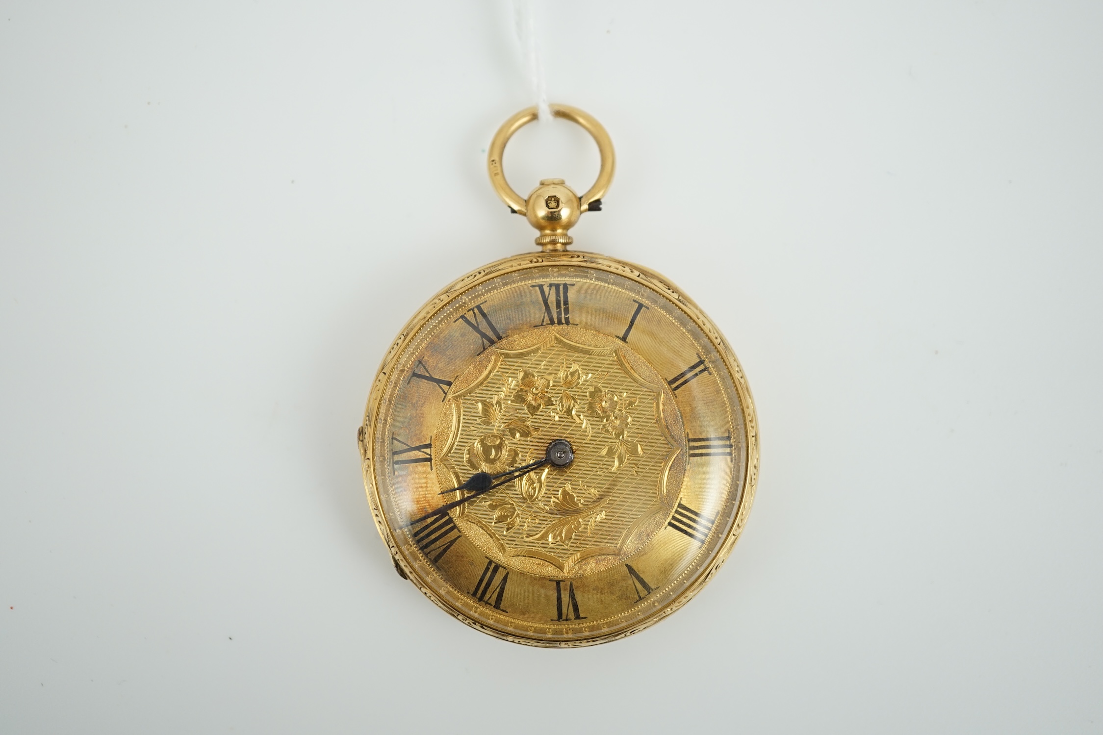 A Victorian 18ct gold open face keywind pocket watch, by George Woolley, Bristol, with Roman dial